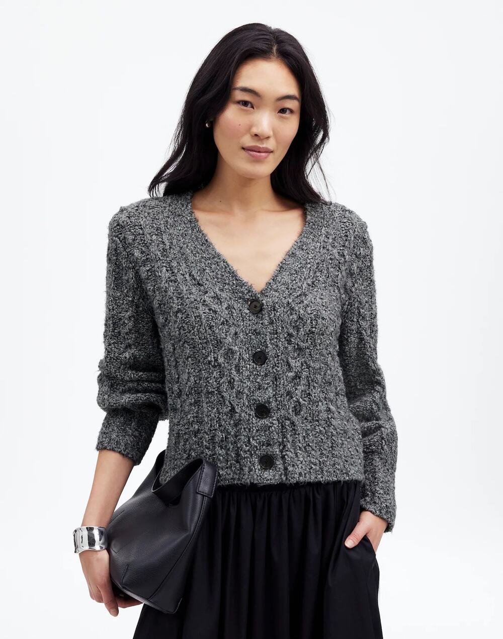 Madewell Grey Cable Knit V-Neck Cropped Cardigan Sweater Women's Size Medium